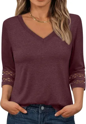 Trendy Queen 3/4 Length Sleeve Womens Tops V Neck Lace Tunic Dressy Casual Business Ladies Fashion Outfits 2025