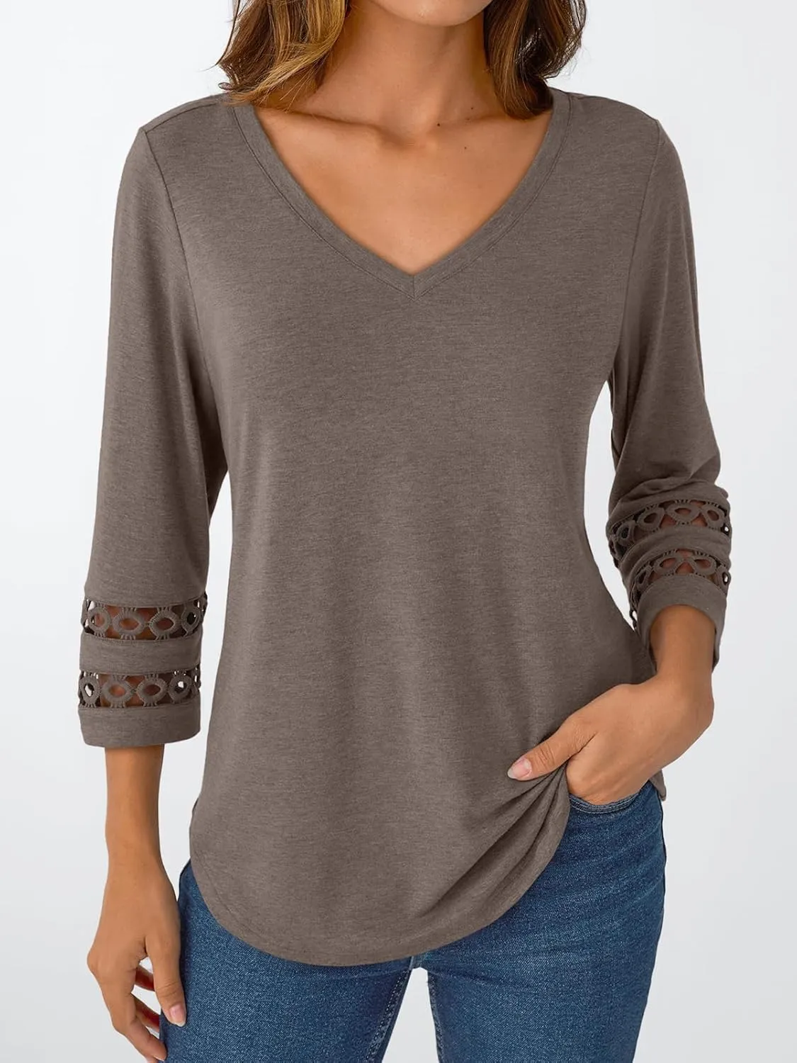 Trendy Queen 3/4 Length Sleeve Womens Tops V Neck Lace Tunic Dressy Casual Business Ladies Fashion Outfits 2025