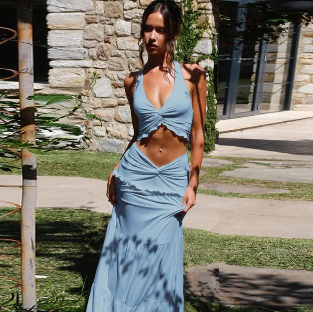 Two Piece Maxi Skirt Set for Women Y2K Lace Backless Halter Crop Top Pleated Flowy Long Skirt Summer Beach 2 Piece Outfit