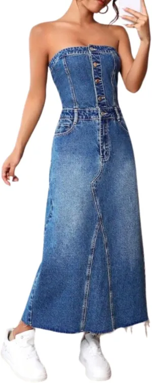 utcoco Denim Dress for Women Sexy Strapless Denim Tube Tops Back Smocked Jean Dresses for Women 2025