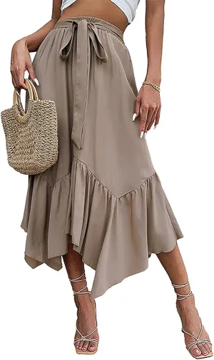 utcoco Women's Summer Casual Tie Waist Flowy Swing A-Line Long Skirt Irregualr Ruffle High Waisted Maxi Skirt