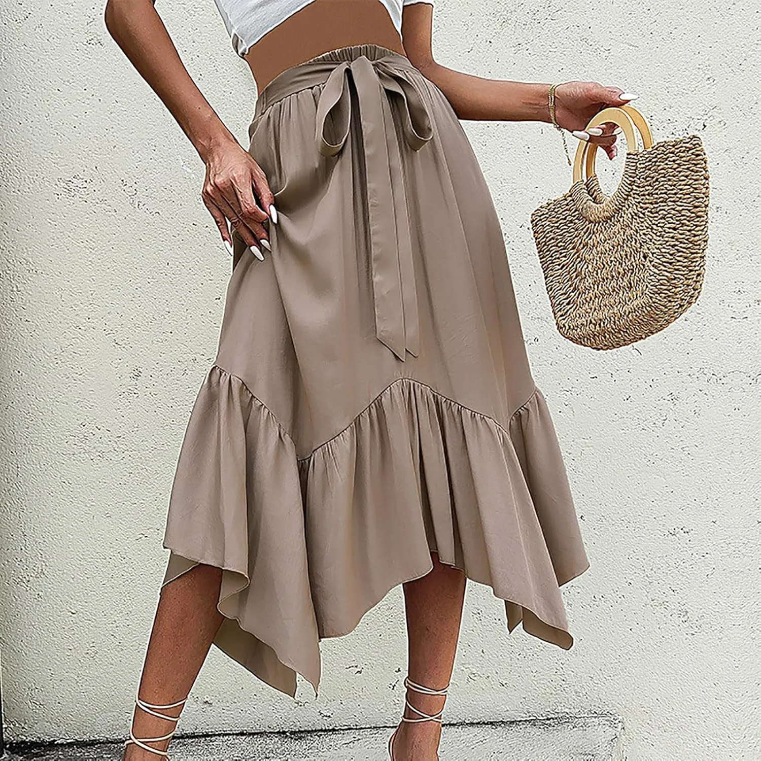 utcoco Women's Summer Casual Tie Waist Flowy Swing A-Line Long Skirt Irregualr Ruffle High Waisted Maxi Skirt