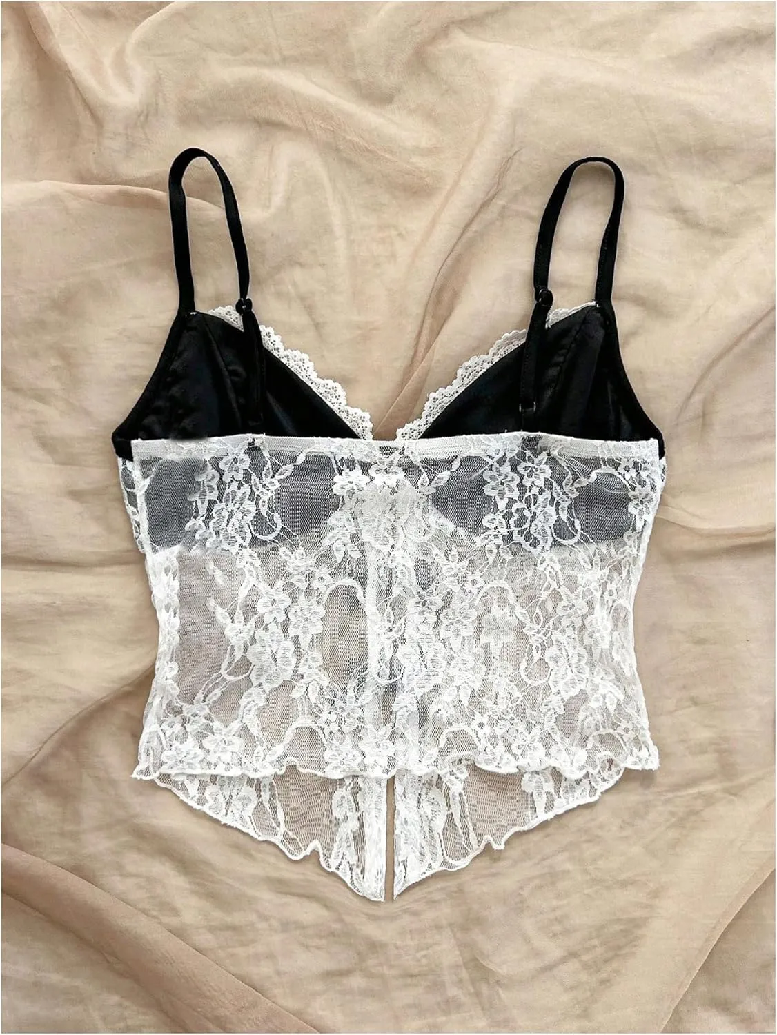 Verdusa Women's Floral Lace Mesh Sheer Bow Knot Crop Cami Top Sleeveless Fitted Camisole