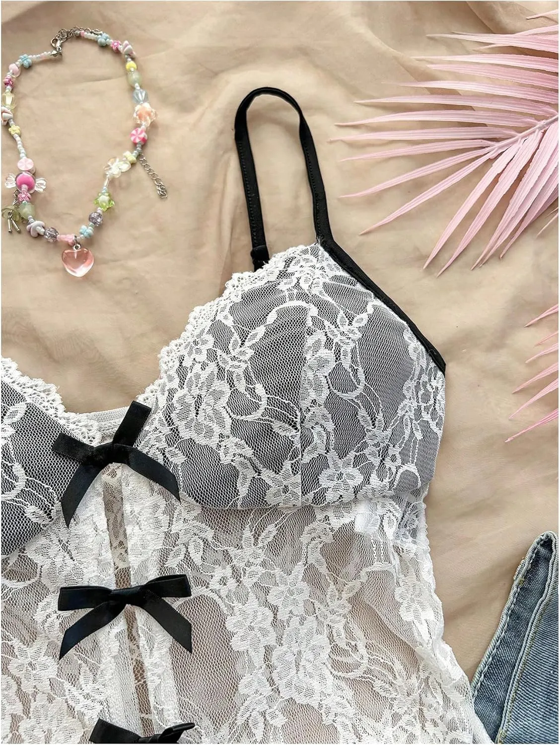 Verdusa Women's Floral Lace Mesh Sheer Bow Knot Crop Cami Top Sleeveless Fitted Camisole