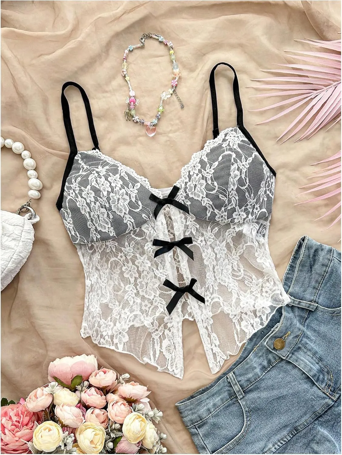 Verdusa Women's Floral Lace Mesh Sheer Bow Knot Crop Cami Top Sleeveless Fitted Camisole
