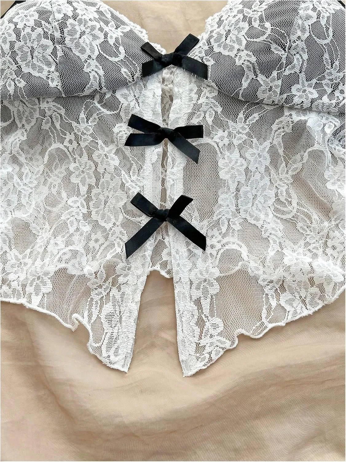 Verdusa Women's Floral Lace Mesh Sheer Bow Knot Crop Cami Top Sleeveless Fitted Camisole