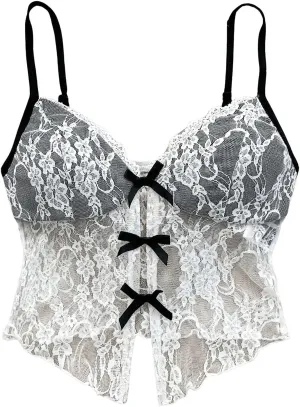 Verdusa Women's Floral Lace Mesh Sheer Bow Knot Crop Cami Top Sleeveless Fitted Camisole