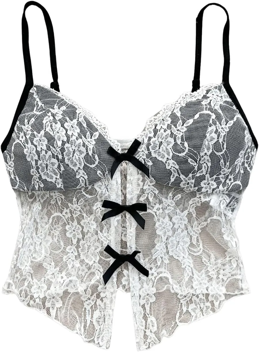 Verdusa Women's Floral Lace Mesh Sheer Bow Knot Crop Cami Top Sleeveless Fitted Camisole