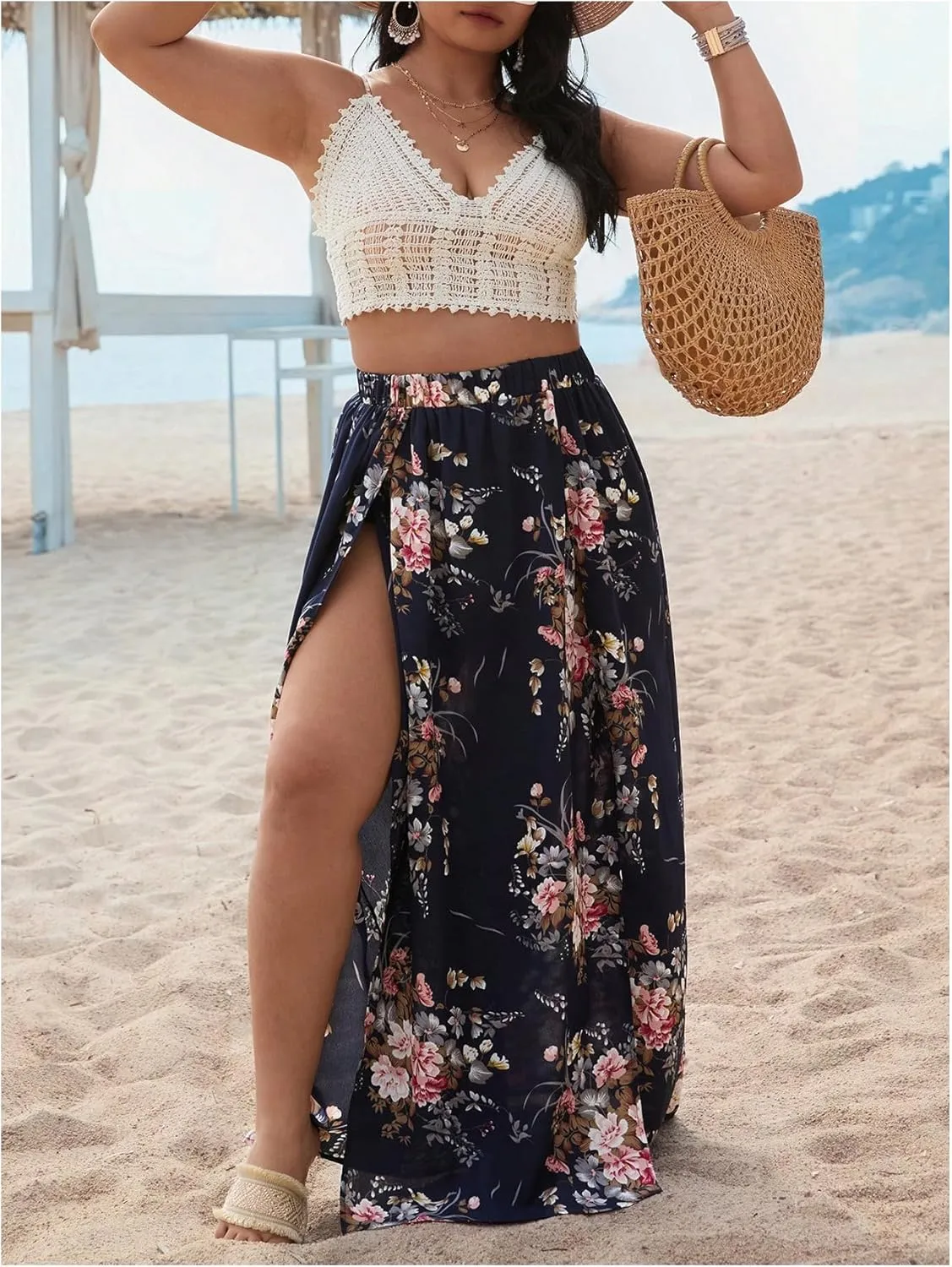 Verdusa Women's Plus Size 2 Piece Floral Outfits Crochet Tie Back Crop Camisole with Slit Maxi Skirt Set