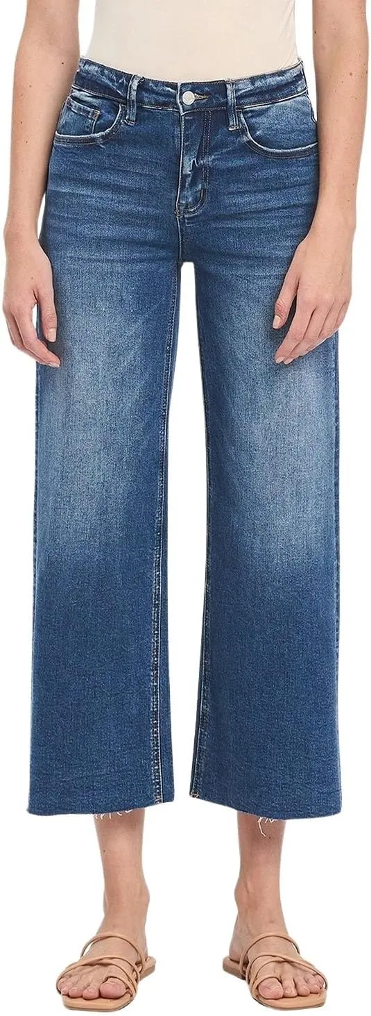 VERVET Women's High-Rise Raw Hem Cropped Wide Leg Jeans