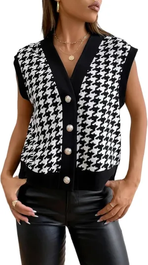 WDIRARA Women's Houndstooth Button Down V Neck Sleeveless Color Block Vest Jacket