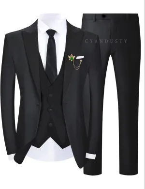 Wedding Tuxedo for Men Groom 3 Pieces Mens Suit Set Slim Fit Vest Pants Set One Button Blazer Peak Lapel Suit Men
