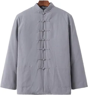 Winter Warm Tang Suit Men Cotton Padded Kung Fu Uniform Jacket Long Sleeved Coat Tops for Seniors, Tai Chi Uniform grey1-M
