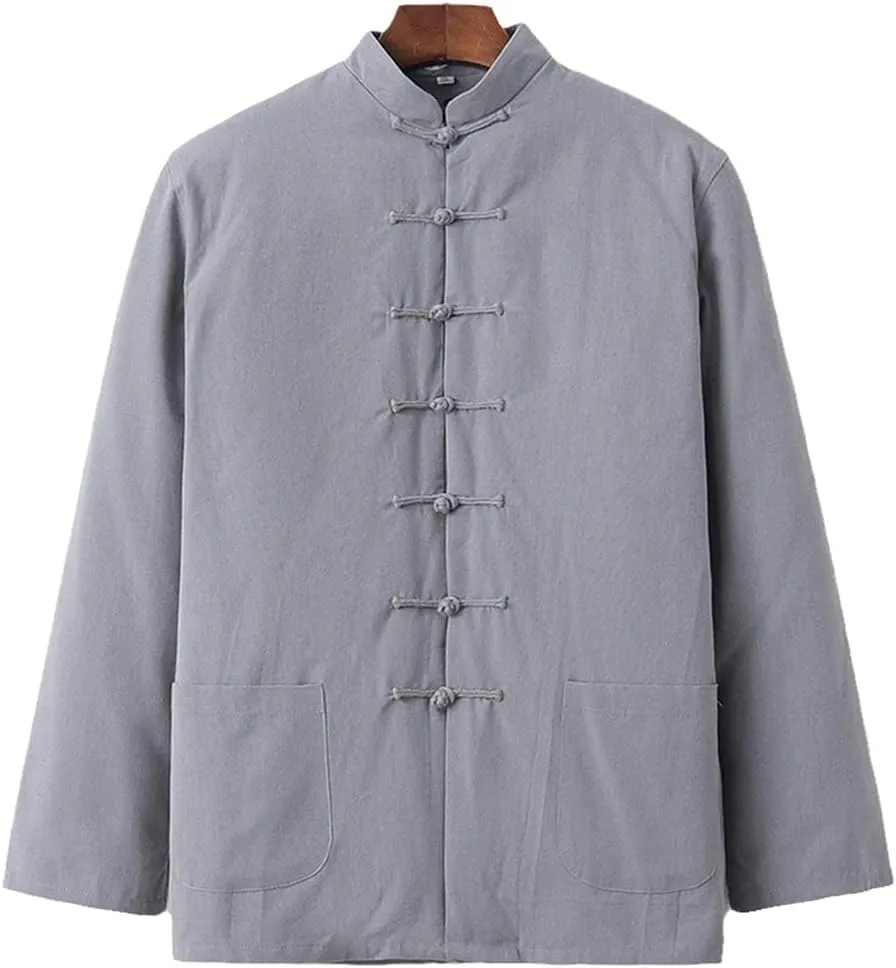 Winter Warm Tang Suit Men Cotton Padded Kung Fu Uniform Jacket Long Sleeved Coat Tops for Seniors, Tai Chi Uniform grey1-M