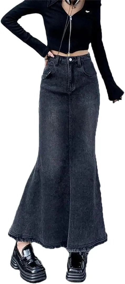 Women Denim Skirts Vintage High Waisted Distressed Trumpet Mermaid A Line Skirts