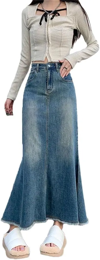 Women Denim Skirts Vintage High Waisted Distressed Trumpet Mermaid A Line Skirts