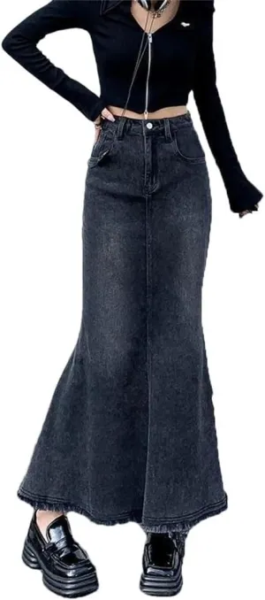 Women Denim Skirts Vintage High Waisted Distressed Trumpet Mermaid A Line Skirts