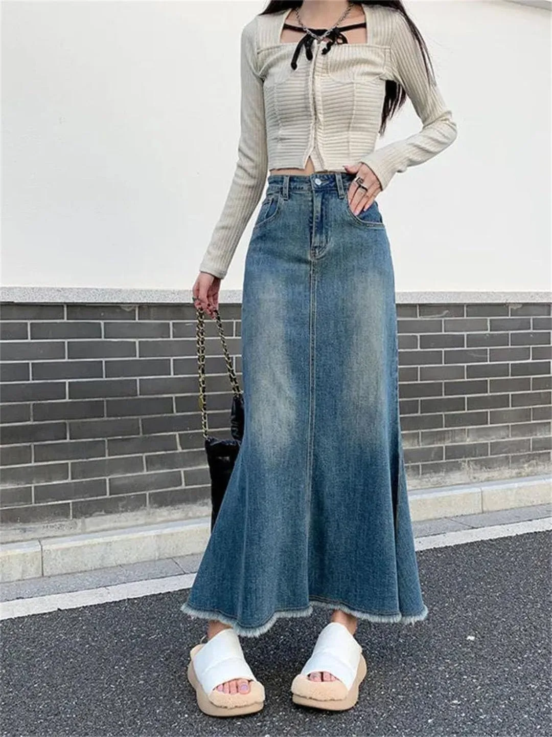 Women Denim Skirts Vintage High Waisted Distressed Trumpet Mermaid A Line Skirts