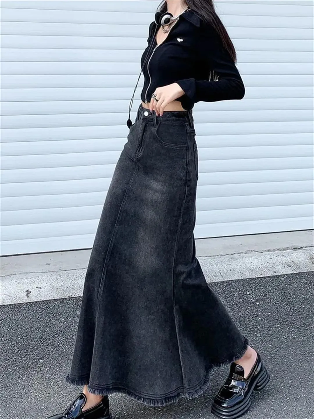 Women Denim Skirts Vintage High Waisted Distressed Trumpet Mermaid A Line Skirts