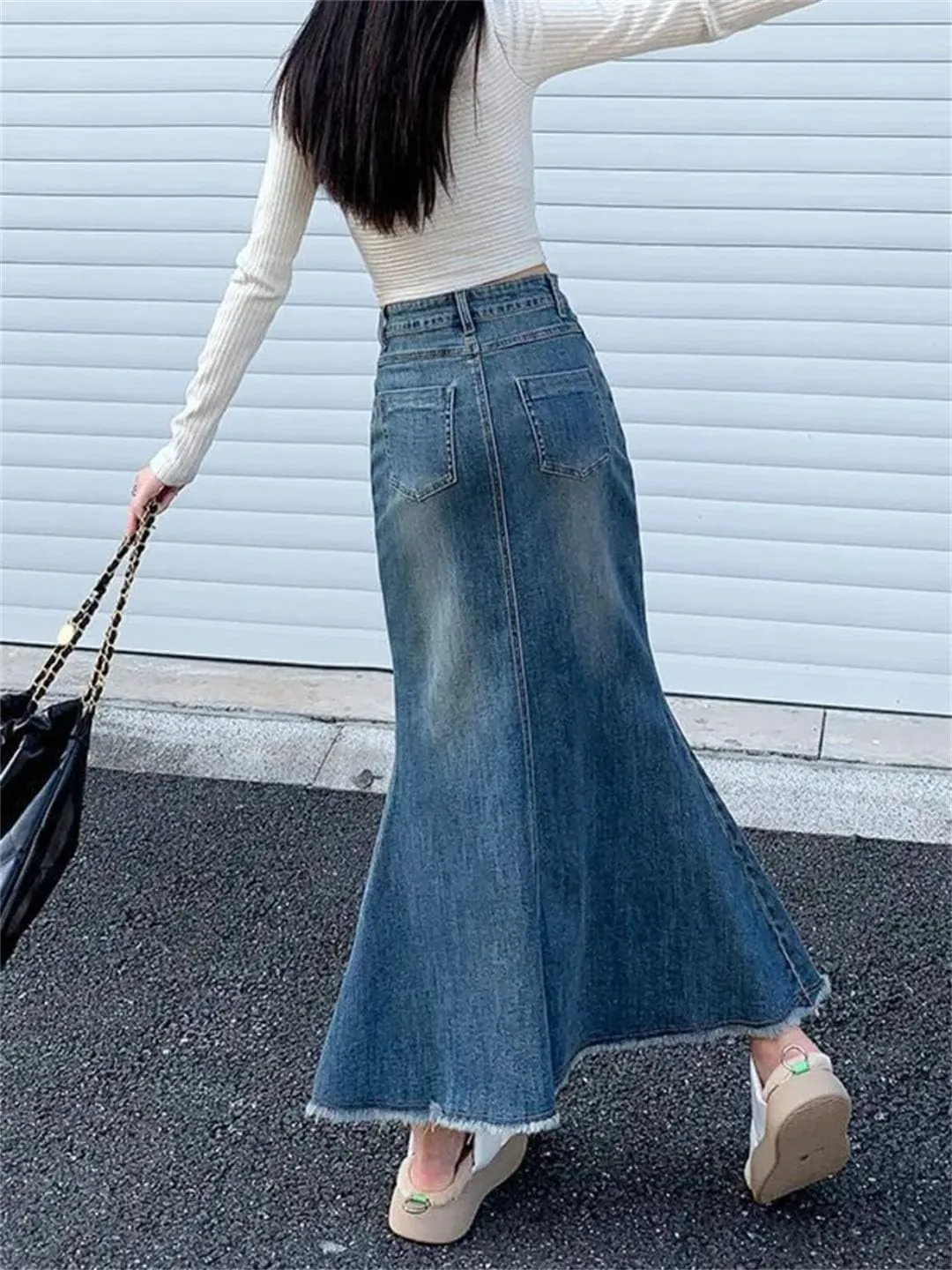 Women Denim Skirts Vintage High Waisted Distressed Trumpet Mermaid A Line Skirts