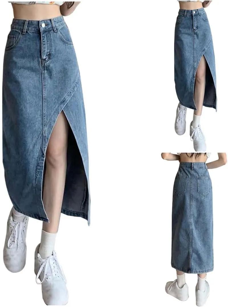 Women High Waisted Denim Skirt Summer Asymmetrical Split Hem Slimming Midi Long Pencil Skirt