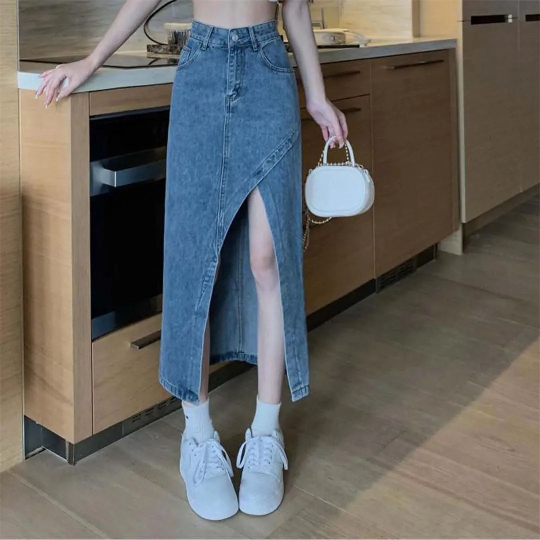 Women High Waisted Denim Skirt Summer Asymmetrical Split Hem Slimming Midi Long Pencil Skirt