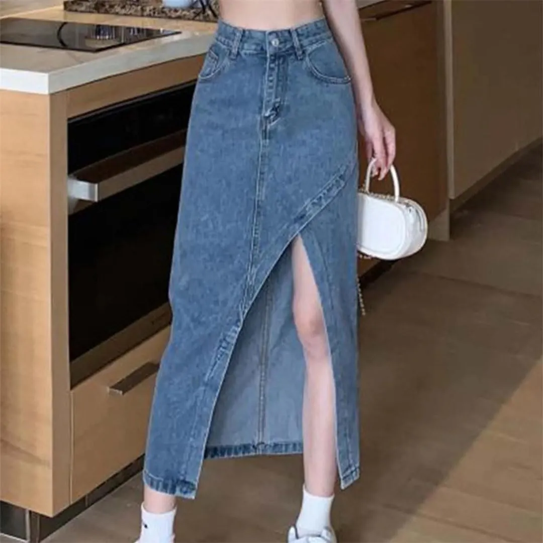 Women High Waisted Denim Skirt Summer Asymmetrical Split Hem Slimming Midi Long Pencil Skirt