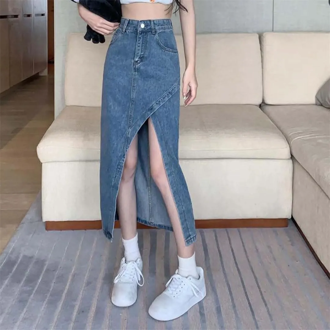 Women High Waisted Denim Skirt Summer Asymmetrical Split Hem Slimming Midi Long Pencil Skirt