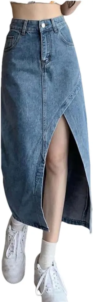 Women High Waisted Denim Skirt Summer Asymmetrical Split Hem Slimming Midi Long Pencil Skirt