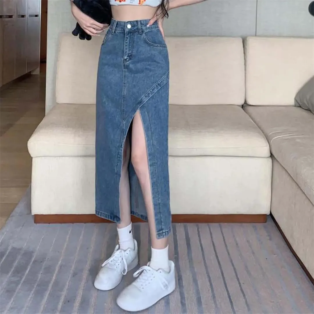 Women High Waisted Denim Skirt Summer Asymmetrical Split Hem Slimming Midi Long Pencil Skirt