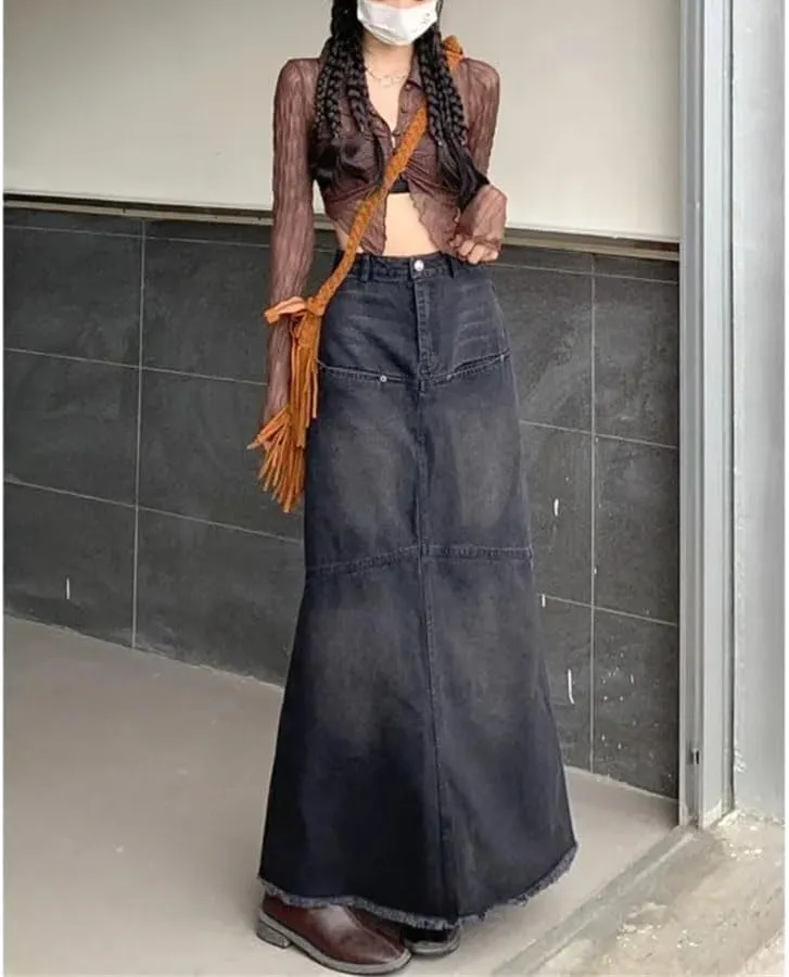Women High-Waisted Slimming Denim Skirt Long Distressed A-LINE Mid-Length Skirt