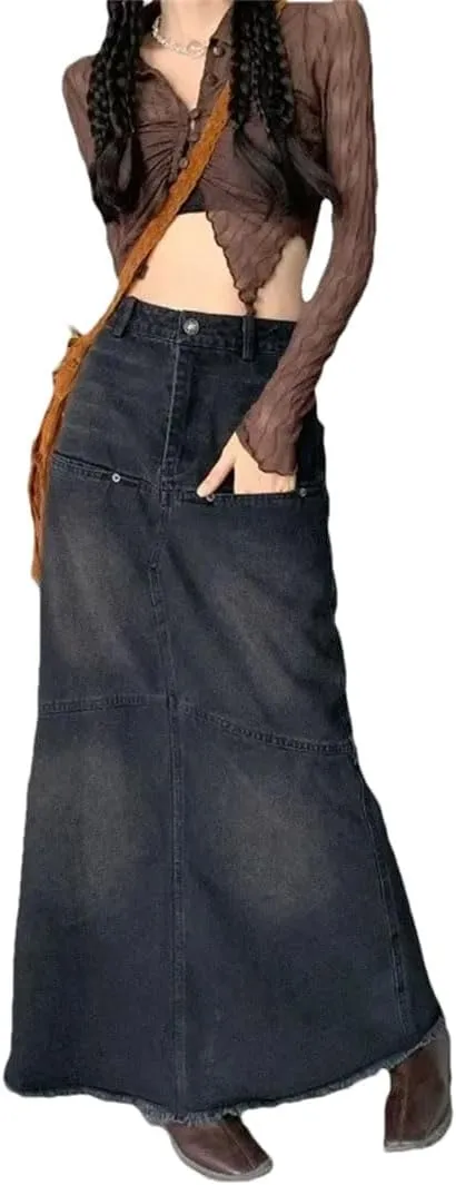 Women High-Waisted Slimming Denim Skirt Long Distressed A-LINE Mid-Length Skirt