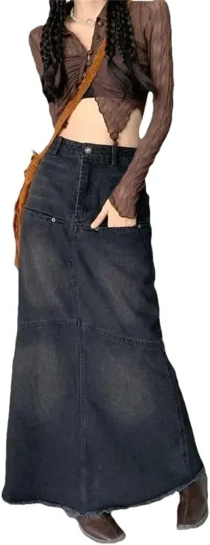 Women High-Waisted Slimming Denim Skirt Long Distressed A-LINE Mid-Length Skirt