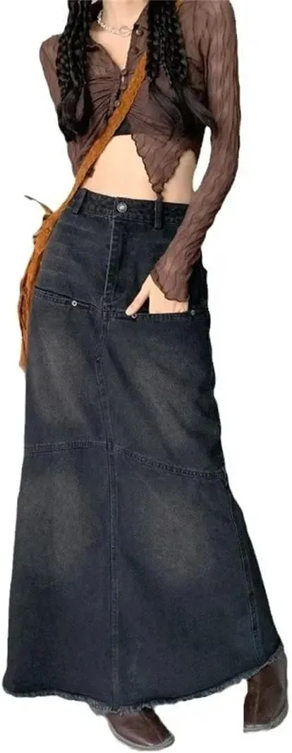 Women High-Waisted Slimming Denim Skirt Long Distressed A-LINE Mid-Length Skirt