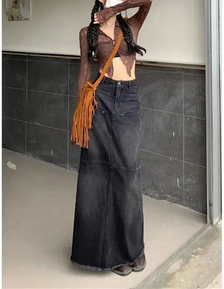 Women High-Waisted Slimming Denim Skirt Long Distressed A-LINE Mid-Length Skirt