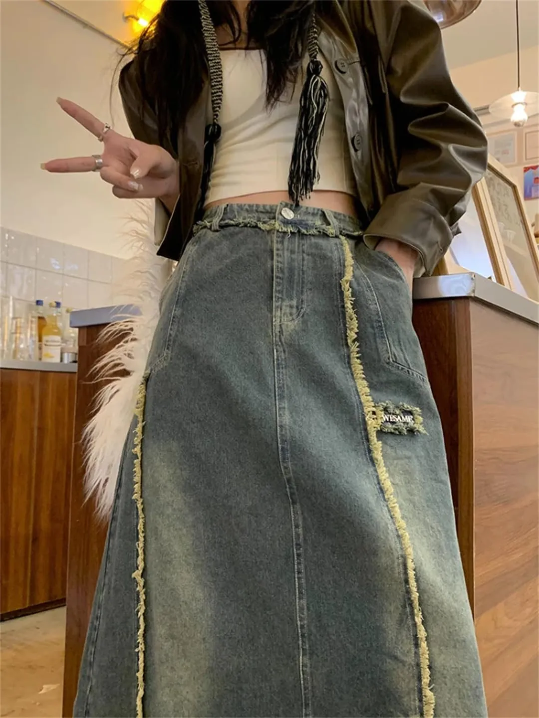 Women Leisure Ankle-Length Denim A-Line Button Down High Waisted Vintage Maxi Skirts