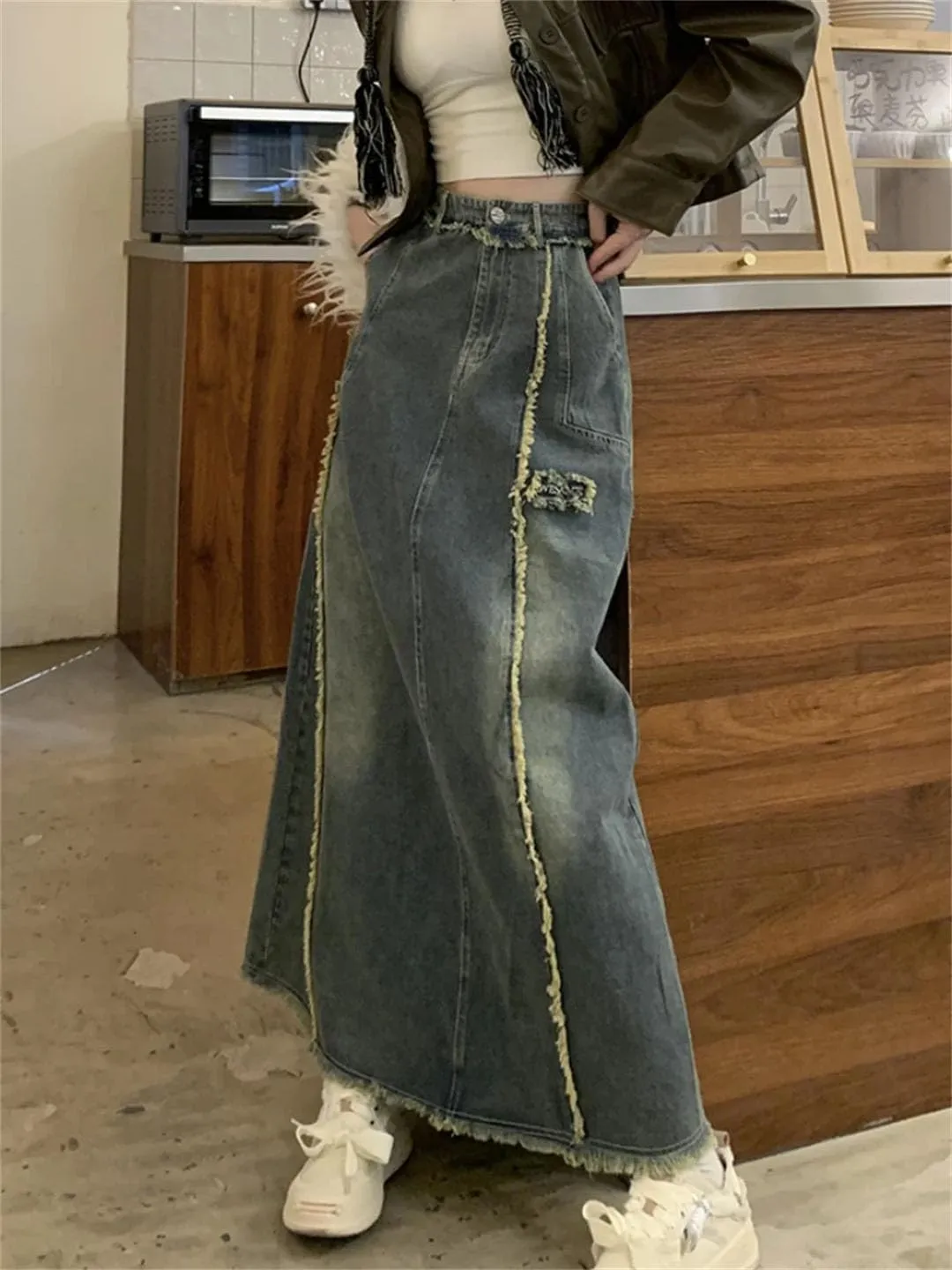 Women Leisure Ankle-Length Denim A-Line Button Down High Waisted Vintage Maxi Skirts