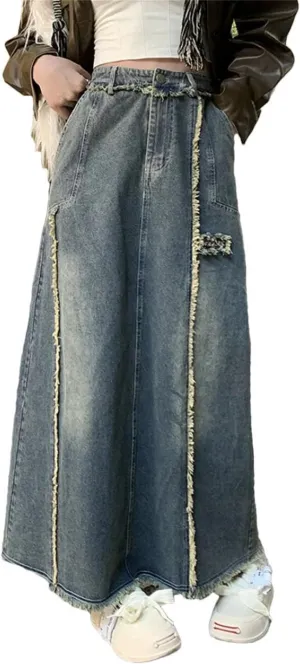 Women Leisure Ankle-Length Denim A-Line Button Down High Waisted Vintage Maxi Skirts