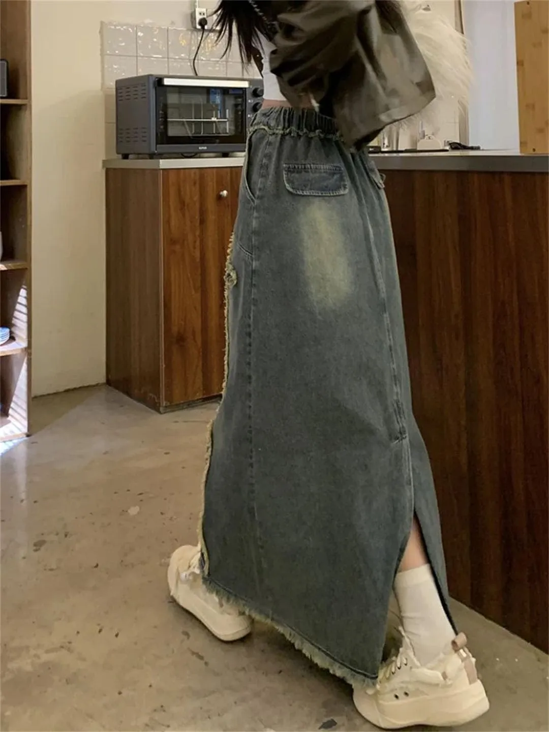 Women Leisure Ankle-Length Denim A-Line Button Down High Waisted Vintage Maxi Skirts