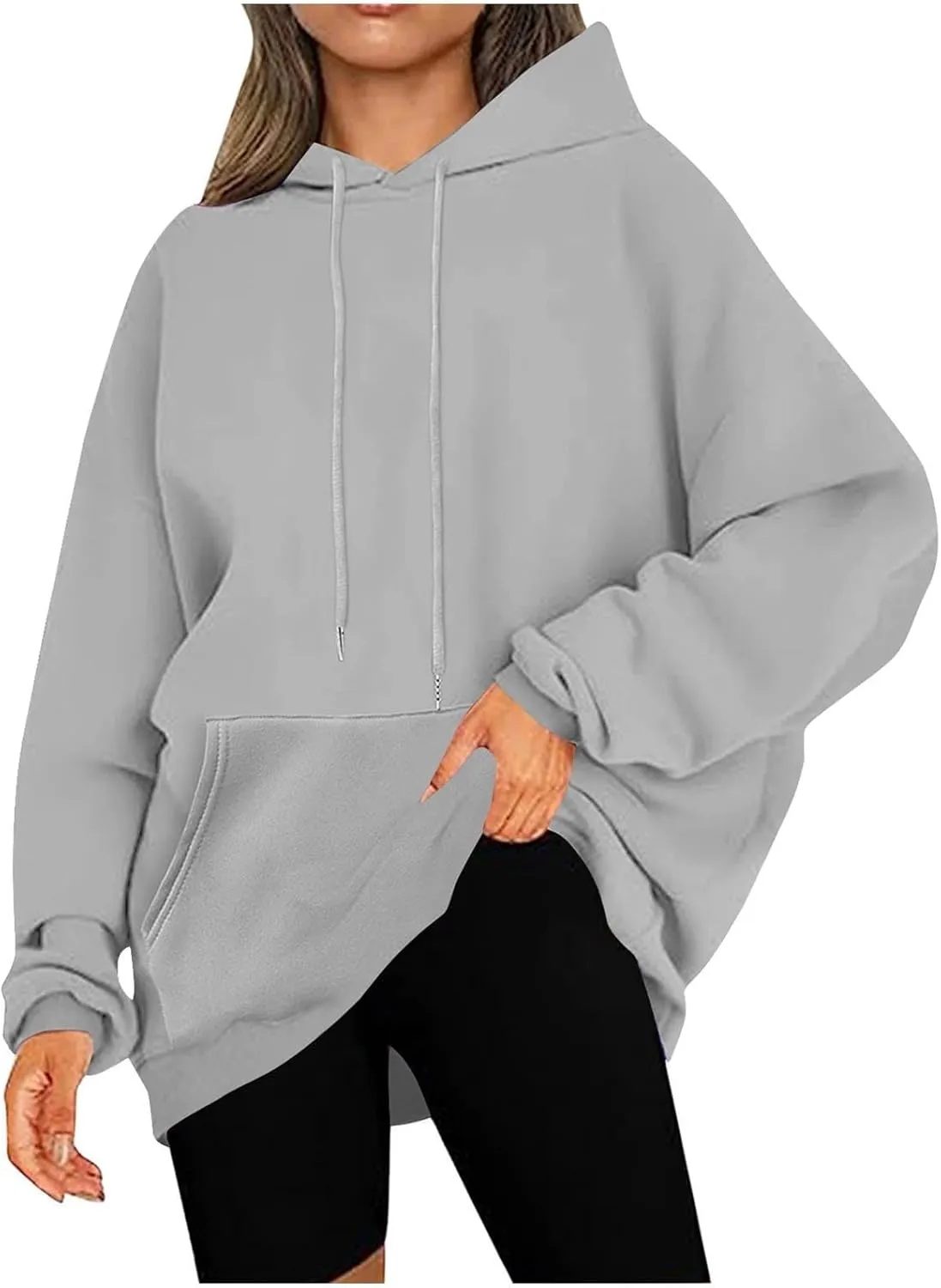 Women Oversized Hoodie Fleece Plain Plus Size Sweatshirts with Pocket Drawstring Workout Pullover Sweaters Tops