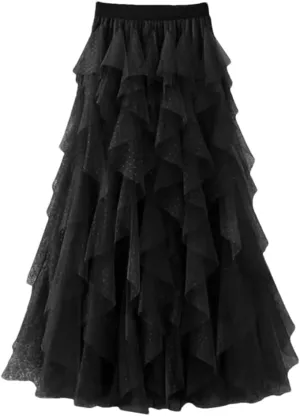 Women Skirts High Waist Tulle Layered Mini Dot Print A-Line Mesh Skirts Irregular Pleated Midi Skirt