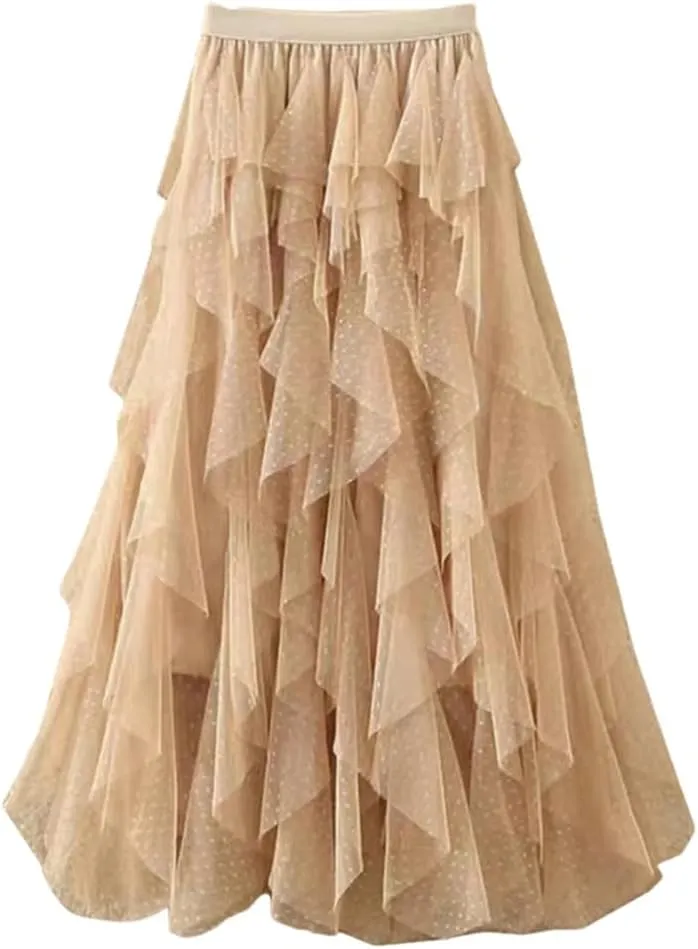 Women Skirts High Waist Tulle Layered Mini Dot Print A-Line Mesh Skirts Irregular Pleated Midi Skirt