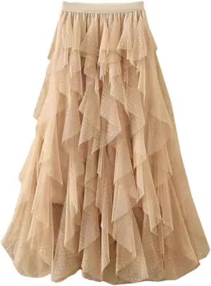 Women Skirts High Waist Tulle Layered Mini Dot Print A-Line Mesh Skirts Irregular Pleated Midi Skirt