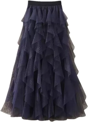 Women Skirts High Waist Tulle Layered Mini Dot Print A-Line Mesh Skirts Irregular Pleated Midi Skirt