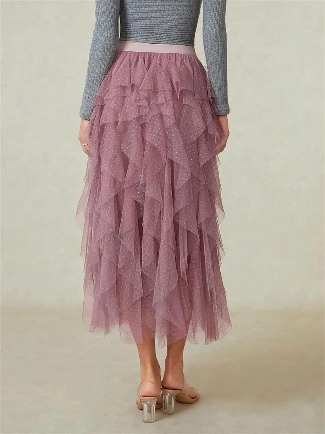 Women Skirts High Waist Tulle Layered Mini Dot Print A-Line Mesh Skirts Irregular Pleated Midi Skirt