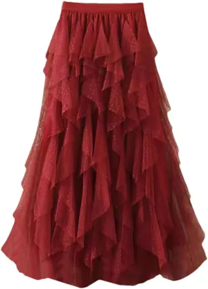 Women Skirts High Waist Tulle Layered Mini Dot Print A-Line Mesh Skirts Irregular Pleated Midi Skirt