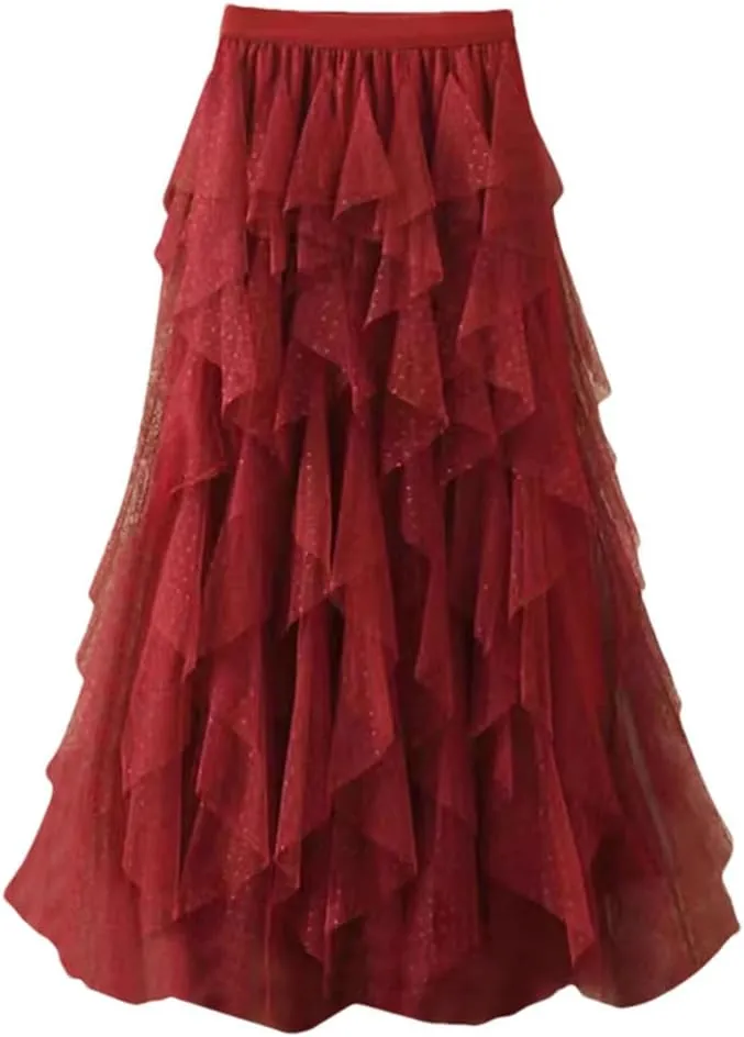 Women Skirts High Waist Tulle Layered Mini Dot Print A-Line Mesh Skirts Irregular Pleated Midi Skirt