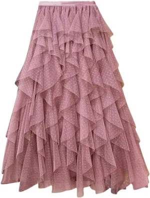 Women Skirts High Waist Tulle Layered Mini Dot Print A-Line Mesh Skirts Irregular Pleated Midi Skirt
