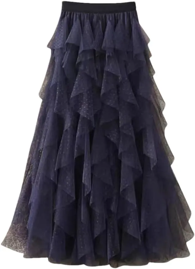 Women Skirts High Waist Tulle Layered Mini Dot Print A-Line Mesh Skirts Irregular Pleated Midi Skirt