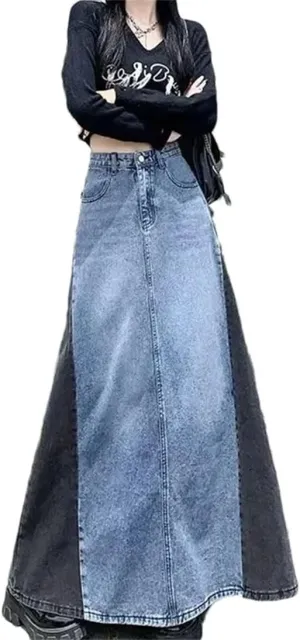 Women Slimming Color Blocking Denim Long Dress High Waisted Vintage Denim Long Skirt